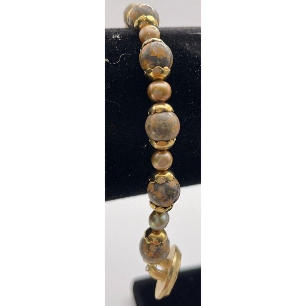 Vintage Multi Colored Clay & Gold  Colored Plastic Beaded Bracelet Button Clasp
